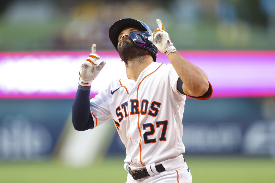 Jose Altuve had a first-inning homer and an RBI double to lead the Astros to a Game 4 victory. (Photo by Alex Trautwig/MLB Photos via Getty Images)