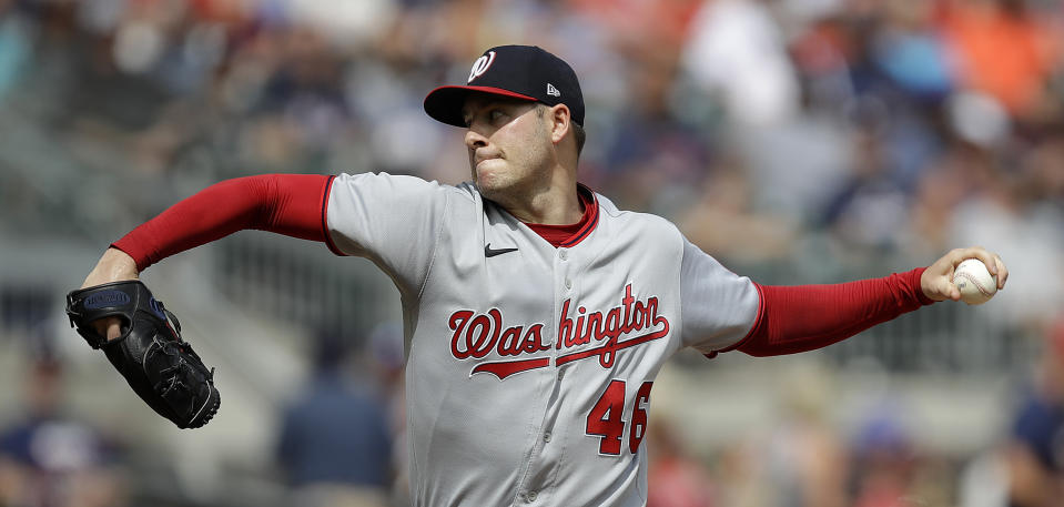 Washington Nationals pitcher Patrick Corbin works against the Atlanta Braves in the first inning of a baseball game Saturday, July 9, 2022, in Atlanta. (AP Photo/Ben Margot)