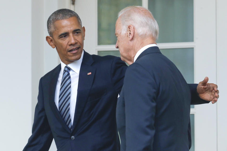 FILE - In this Nov. 9, 2016 file photo, President Barack Obama, accompanied by Vice President Joe Biden, walks back to the Oval Office in Washington, after speaking about the election in the Rose Garden. (AP Photo/Pablo Martinez Monsivais)