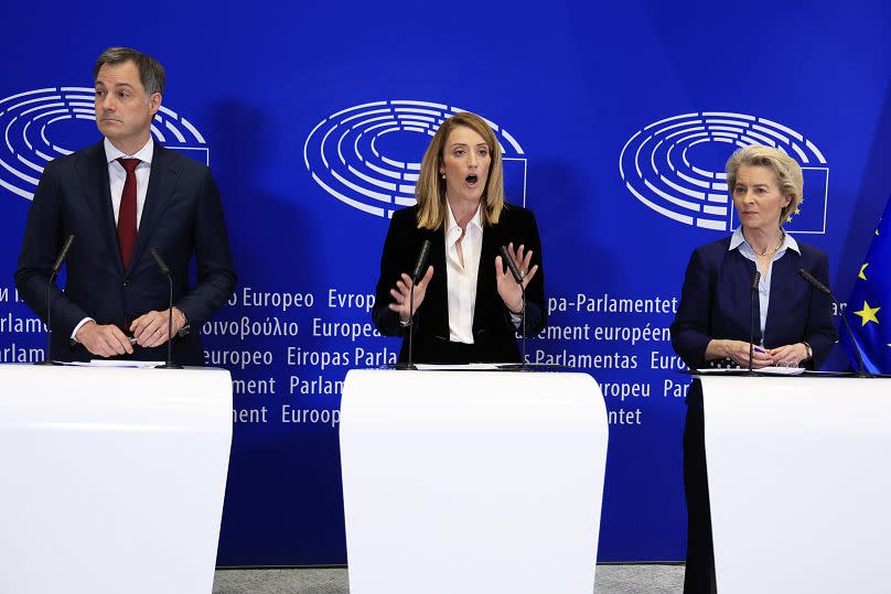 Belgium's Prime Minister Alexander De Croo, European Parliament President Roberta Metsola and European Commission President Ursula von der Leyen in Brussels, on April 10, 2024