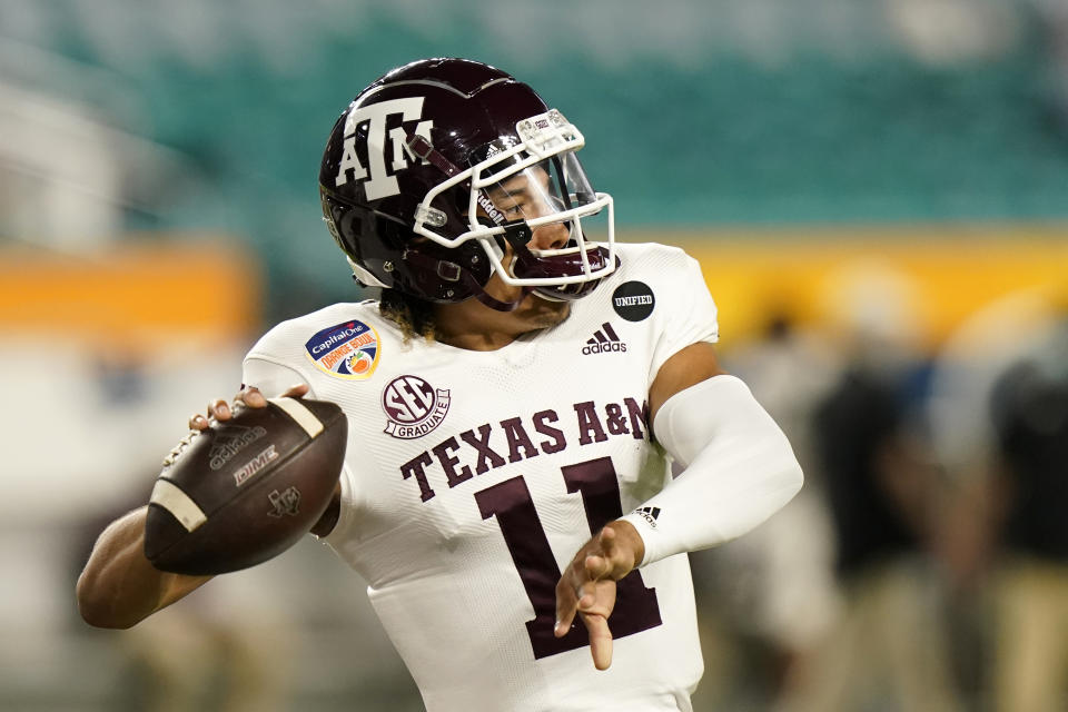 Texas A&M QB Kellen Mond was the second quarterback selected in our mock Senior Bowl draft. (AP Photo/Lynne Sladky)