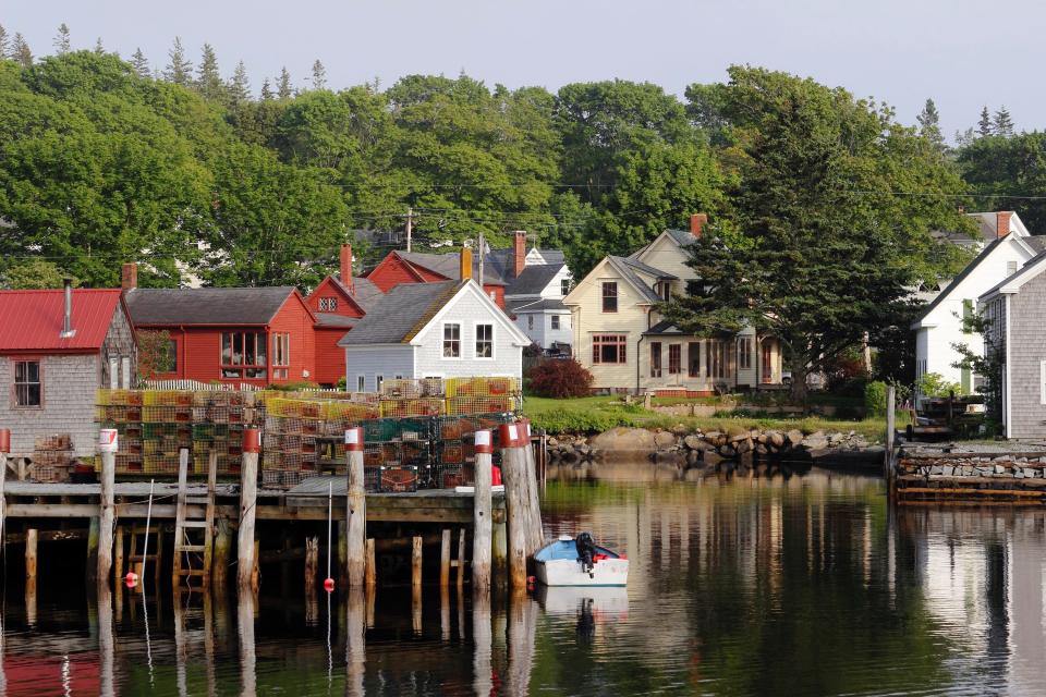 Lobster docks with sheds on Vinalhaven Island in Maine