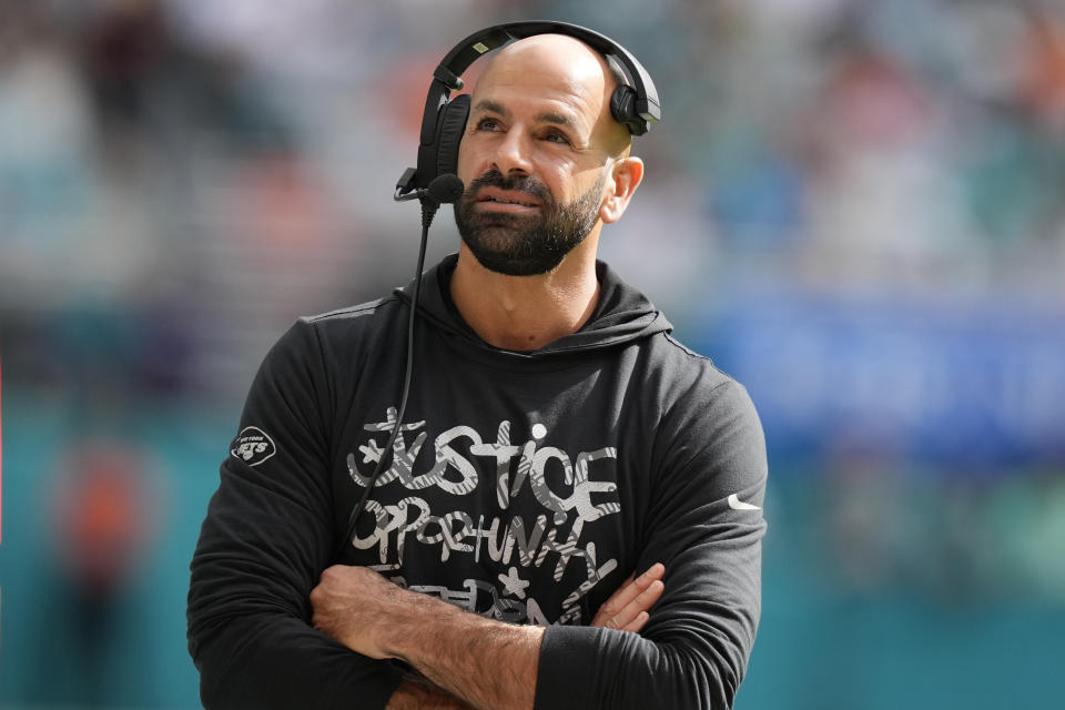 New York Jets head coach Robert Saleh looks up during the first half of an NFL football game against the Miami Dolphins, Sunday, Dec. 17, 2023, in Miami Gardens, Fla. (AP Photo/Lynne Sladky)