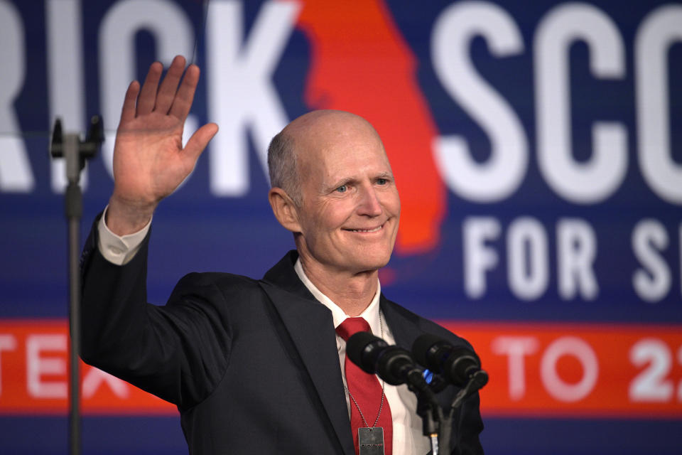 Sen. Rick Scott, R-Fla., addresses attendees at the Republican Party of Florida Freedom Summit, Saturday, Nov. 4, 2023, in Kissimmee, Fla. (AP Photo/Phelan M. Ebenhack)