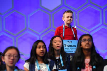 May 31, 2018; National Harbor, MD, USA; Brendan Pawlicki from Michigan waits for his turn before he spelled the word volplane incorrectly during the 2018 Scripps National Spelling Bee at the Gaylord National Resort and Convention Center. Mandatory Credit: Jack Gruber-USA TODAY NETWORK