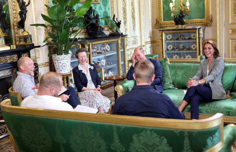 Mike Tindall, Princess Anne, Prince William, and Princess Kate attend a podcast recording in the Green Drawing Room at Windsor Castle in September 2023.