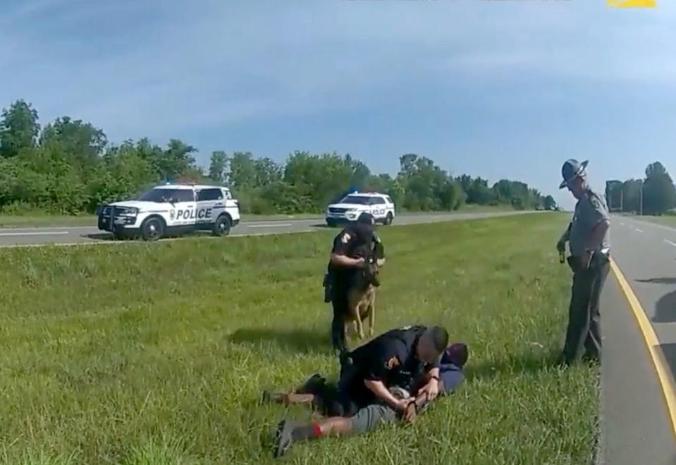 PHOTO: Video showing a police dog attacking and biting a suspect who had his hands up and was on his knees during a July 4, 2023, incident was released on July 21, 2023, by the Ohio State Highway Police. (Ohio State Highway Police)