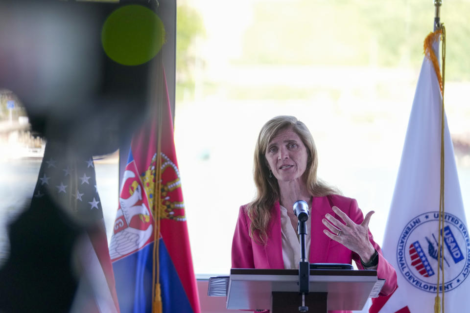 U.S. Agency for International Development (USAID) Administrator Samantha Power addresses the media after talks with Serbia's top officials in Belgrade, Serbia, Wednesday, May 10, 2023. Power arrived in Belgrade for the start of a week long visit to Serbia and Kosovo. (AP Photo/Darko Vojinovic)