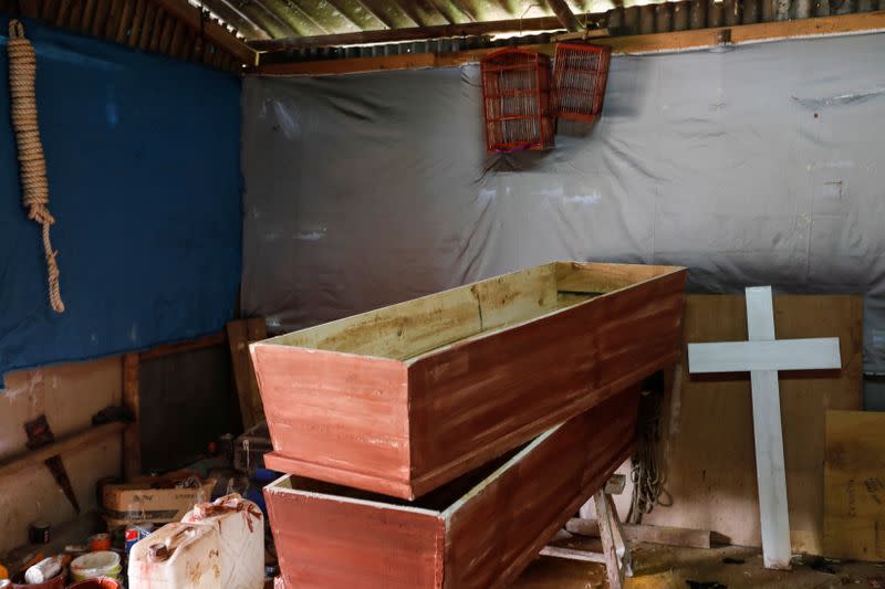 Coffins are seen prepared to be donated for the coronavirus disease (COVID-19) victims at a workshop inside a funeral complex in Jakarta