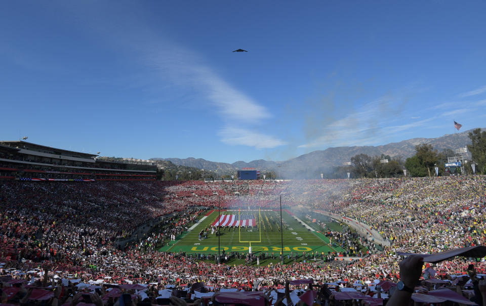 Jan 1, 2020; Pasadena, California, USA; General view during the B-2 flyover during the national anthem before the 106th Rose Bowl game between the Oregon Ducks and the Wisconsin Badgers at Rose Bowl Stadium. Mandatory Credit: Kirby Lee-USA TODAY Sports