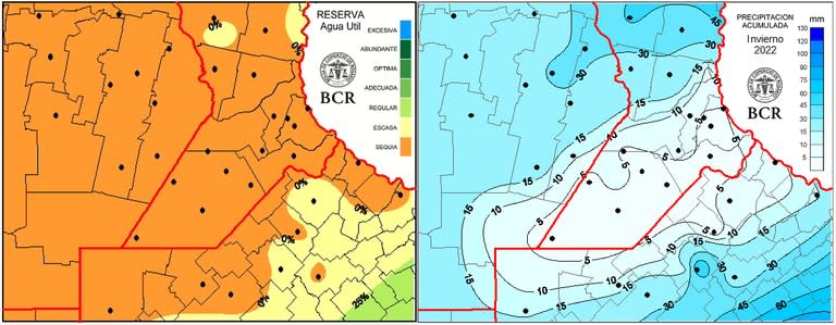 Mapa de la reserva de agua útil y precipitación acumulada en el invierno 2022