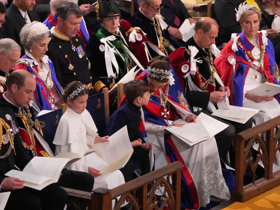 Prince William, Princess Charlotte, Prince Louis, and Kate Middleton at King Charles III's coronation on May 6, 2023.