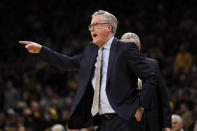 Iowa head coach Fran McCaffery reacts to a call against his team during the first half of an NCAA college basketball game against Purdue, Tuesday, March 3, 2020, in Iowa City, Iowa. (AP Photo/Charlie Neibergall)