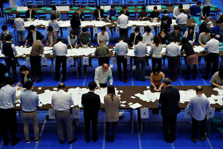 Election officials count votes after Japan's lower house election at a counting centre in Tokyo, Japan, October 22, 2017. EUTERS/Issei Kato