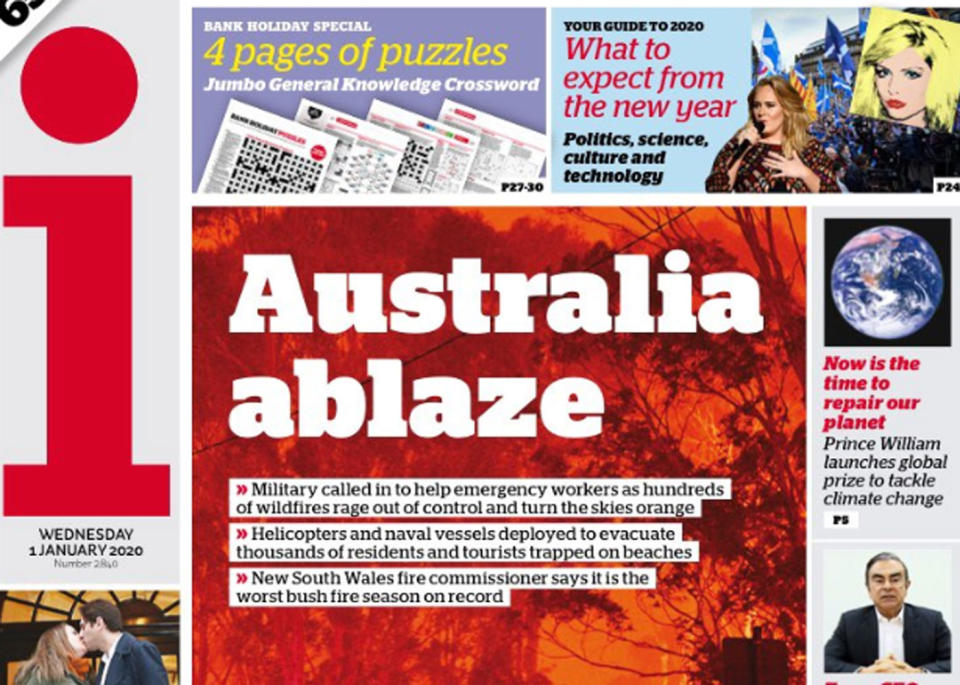 The I newspaper's front page which reads, 'Australia ablaze' in its coverage of Australia's bushfires. It's dated January 1.