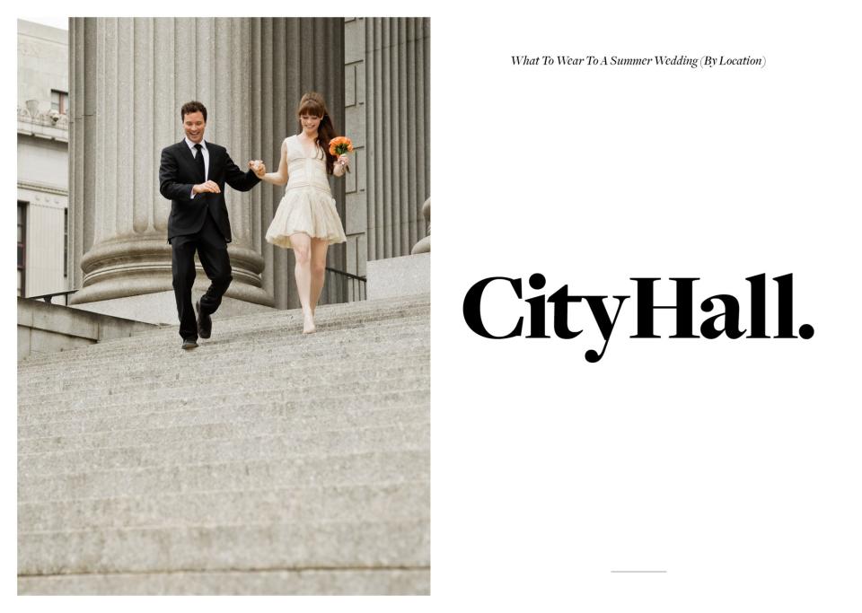 <p>If you’re heading to city hall for a wedding, keep your look on the conservative side, simple and sweet. We suggest opting for dresses that have a feminine feel without showing too much skin, whether that’s through a ruffled sleeve, a tie-neck scarf, or a draped dress silhouette. (Photo: Getty Images) </p>