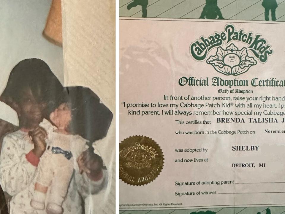 Childhood photo of the author's friend with their Cabbage Patch doll and paperwork.