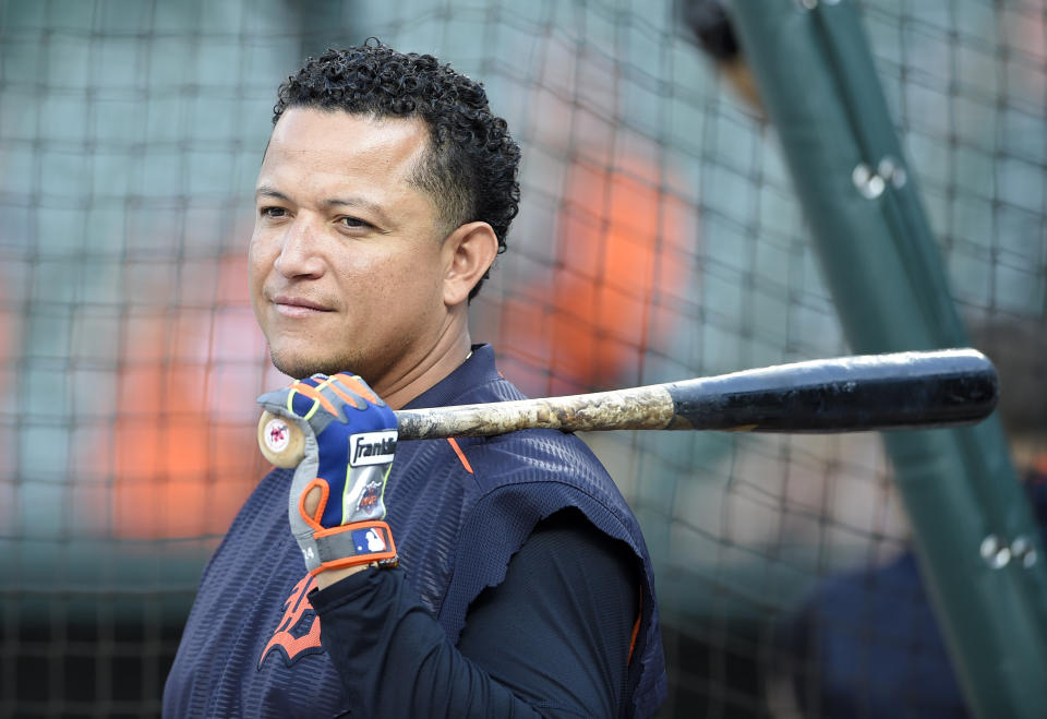 Detroit Tigers'  Miguel Cabrera looks during batting practice before a baseball game against the Baltimore Orioles, Saturday, Aug.  5, 2017, in Baltimore.  (AP Photo/Nick Wass)