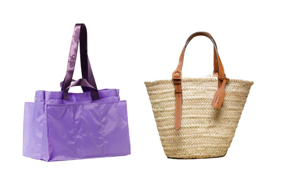 Purple nylon tote and straw tote