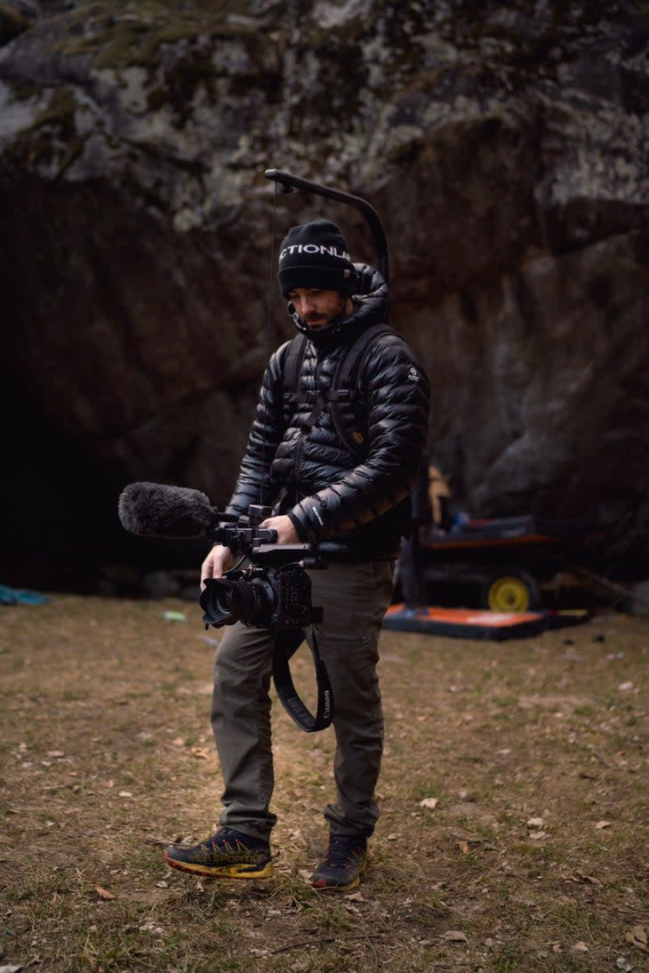 Cameron Maier in front of "Off the Wagon" while shooting his North Face film "Stone Spirit."
