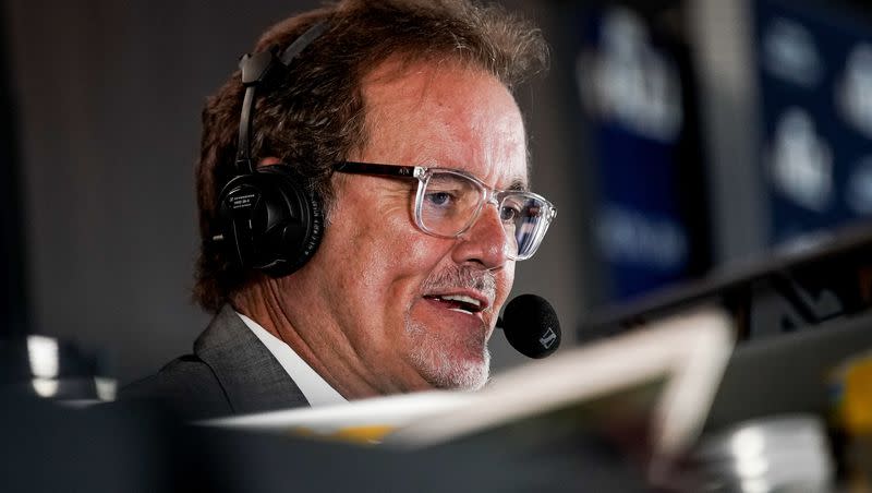 Broadcaster Craig Bolerjack calls the play-by-play at Vivint Arena in Salt Lake City as the Utah Jazz play the Denver Nuggets in Orlando, Fla., on Saturday, Aug. 8, 2020. The Jazz are negotiating a new TV deal for the 2023-24 season and beyond.