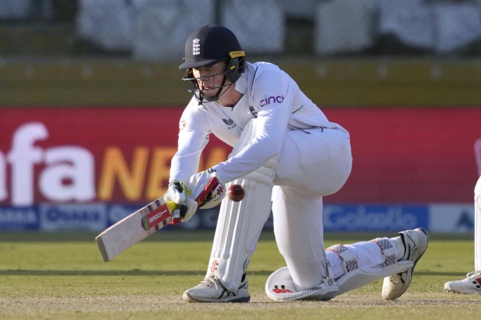 England's Zak Crawley plays a shot during the third day of third test cricket match between England and Pakistan, in Karachi, Pakistan, Monday, Dec. 19, 2022. (AP Photo/Fareed Khan)