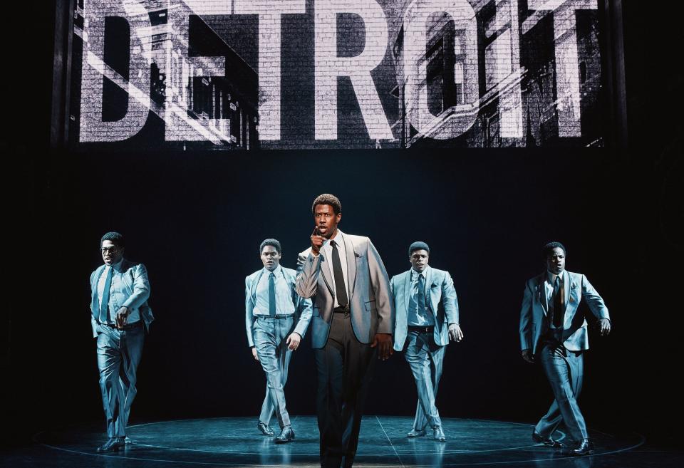 From left, Elijah Ahmad Lewis, Marcus Paul James, Jalen Harris, Harrell Holmes Jr. and James T. Lane perform with the national touring company of the musical "Ain’t Too Proud," about the iconic vocal group The Temptations.