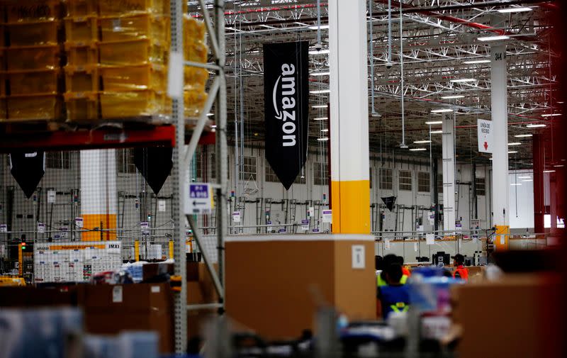 FILE PHOTO: The logo of Amazon is seen at their new Amazon warehouse during its opening announcement on the outskirts of Mexico City