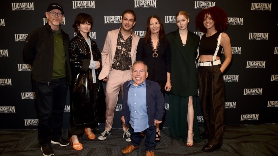 Jon Kasdan and Ron Howard with the cast of 'Willow' at the premiere.
