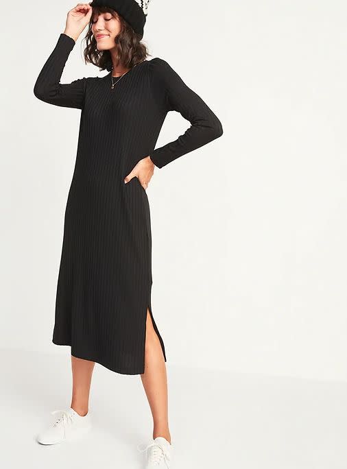 This Rib-Knit Long-Sleeve Midi Shift Dress for Women is available in sizes XS to XL and two colors. <a href="https://fave.co/3niYcRV" target="_blank" rel="noopener noreferrer">Get it on sale for 50% off (normally $40) at Old Navy</a>.