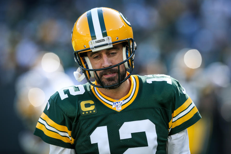 GREEN BAY, WISCONSIN - OCTOBER 20:  Aaron Rodgers #12 of the Green Bay Packers warms up before the game against the Oakland Raiders at Lambeau Field on October 20, 2019 in Green Bay, Wisconsin. (Photo by Dylan Buell/Getty Images)