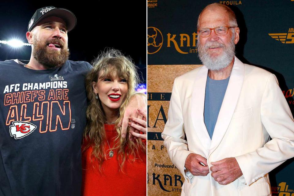 <p>Patrick Smith/Getty Images; Michael Hickey/Getty Images</p> Travis Kelce and Taylor Swift; David Letterman