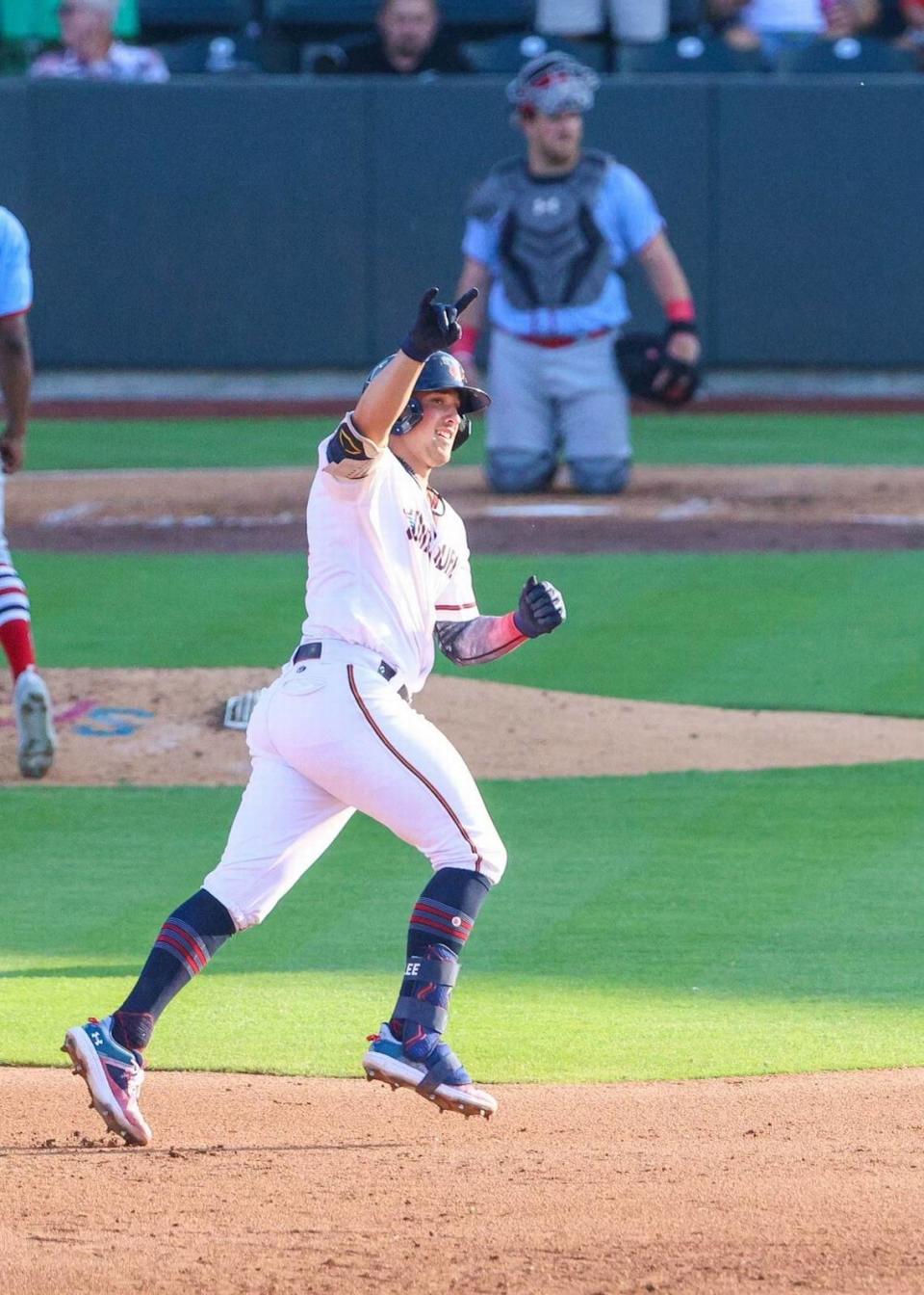 Former San Luis Obispo High and Cal Poly star Brooks Lee celebrates a July home run for the Wichita Wind Surge, the Minnesota Twins Double-A affiliate. Lee is the organization’s No. 1 prospect.