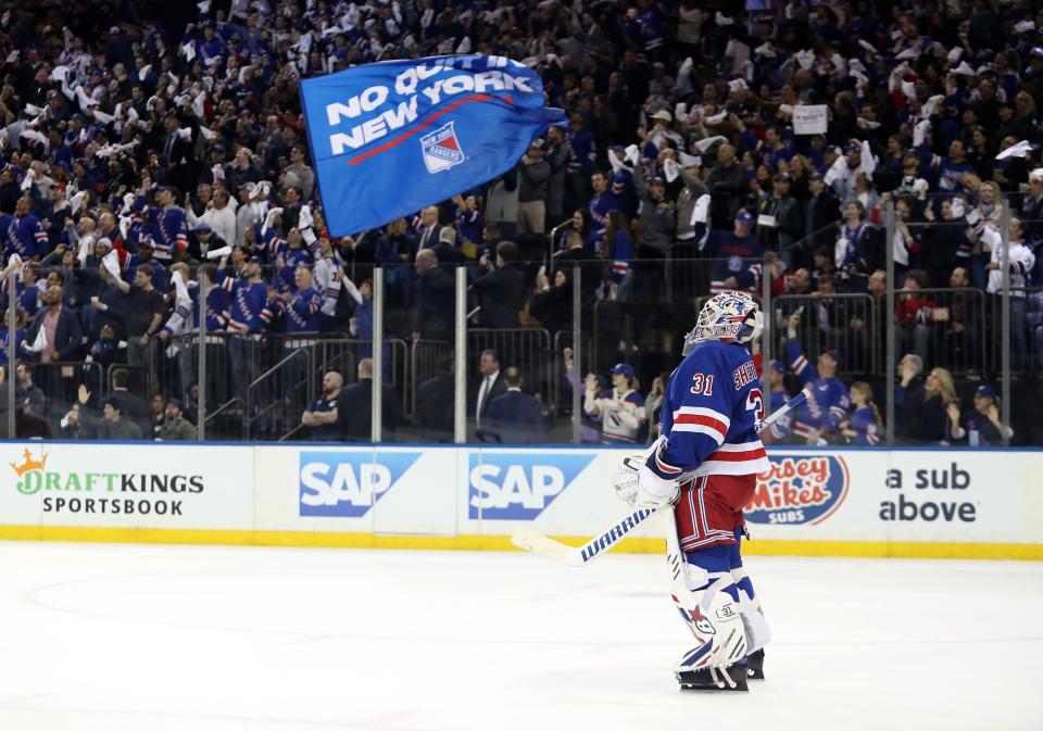 Apr 29, 2023; New York, New York, USA; New York Rangers goalie Igor Shesterkin (31) watches the replay of a goal against the New Jersey Devils in front of a No Quit in New York flag during the first period in game six of the first round of the 2023 Stanley Cup Playoffs at Madison Square Garden. Mandatory Credit: Danny Wild-USA TODAY Sports