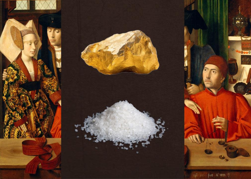 Photo illustration with images of salt and gold and a Petrus Christ’s painting “A Goldsmith in His Shop”.