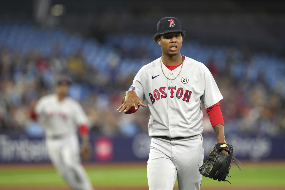 Boston Red Sox starting pitcher Brayan Bello returns to the dugout after working against the Toronto Blue Jays during the second inning of a baseball game Friday, Sept. 15, 2023, in Toronto. (Chris Young/The Canadian Press via AP)