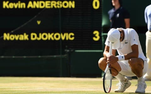 Serbia's Novak Djokovic celebrates after beating South Africa's Kevin Anderson 6-2, 6-2, 7-6 in their men's singles final match on the thirteenth day of the 2018 Wimbledon Championships at The All England Lawn Tennis Club in Wimbledon - Credit: Getty Images 