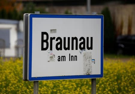 The sign of Braunau am Inn, the city Hitler was born, is pictured in Braunau, Austria, October 22, 2016. REUTERS/Leonhard Foeger/File Photo