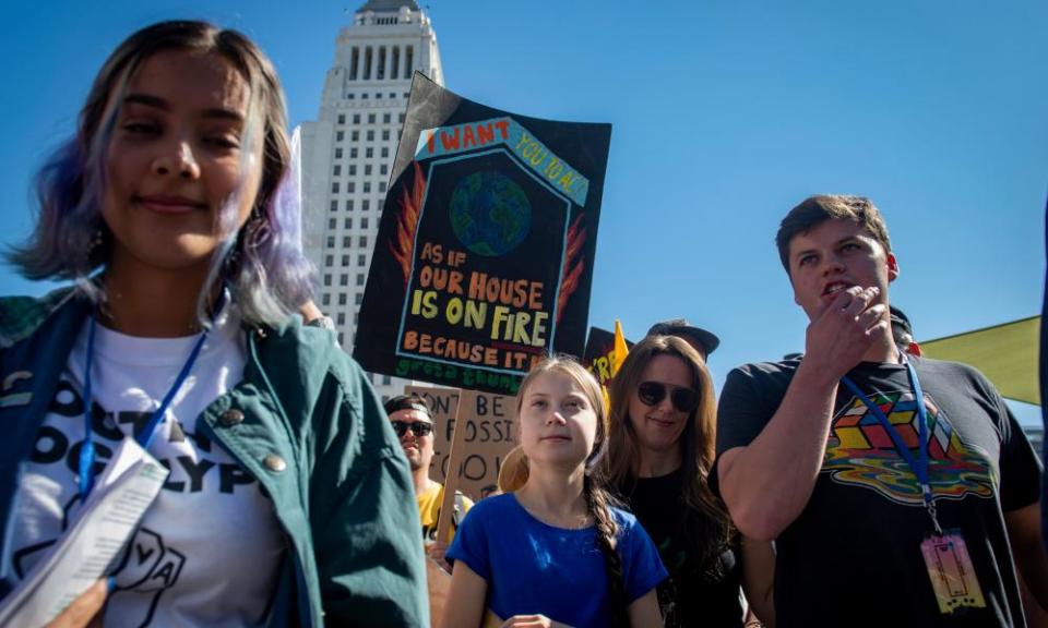 Greta Thunberg marches in front of Los Angeles City Hall at the youth climate strike.