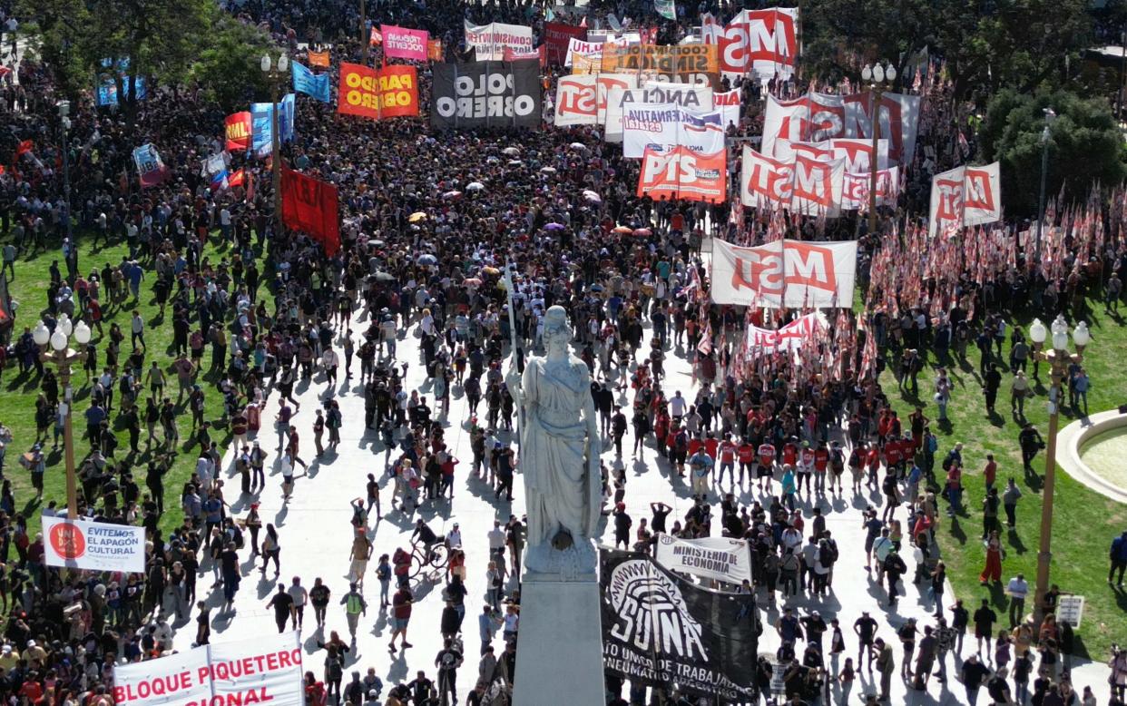 Protesters at Plaza de Mayo Square in Buenos Aires during the first demonstration against the new government of Javier Milei