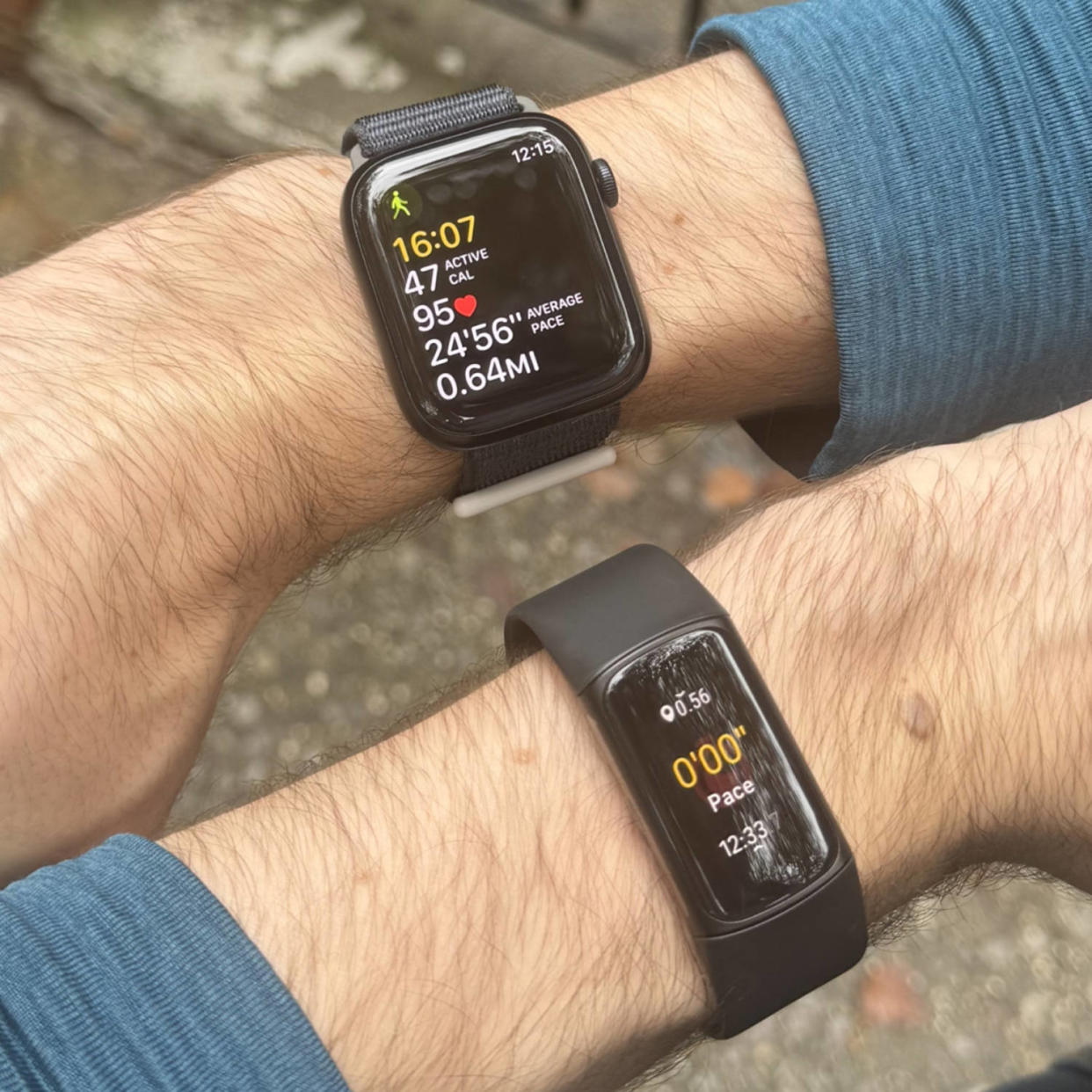 I wore the Apple Watch Series 9 (top) and Fitbit Charge 6 (bottom) during outdoor walks and runs. (Courtesy Harry Rabinowitz)