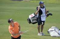 Viktor Hovland, of Norway, watches his shot from a bunker along the seventh fairway during the final round of the Workday Championship golf tournament Sunday, Feb. 28, 2021, in Bradenton, Fla. (AP Photo/Phelan M. Ebenhack)