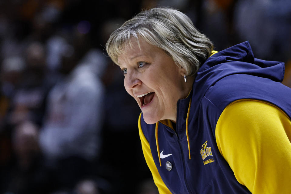 Toledo head coach Tricia Cullop yells to her players in the first half of a second-round college basketball game against Tennessee in the NCAA Tournament, Monday, March 20, 2023, in Knoxville, Tenn. (AP Photo/Wade Payne)