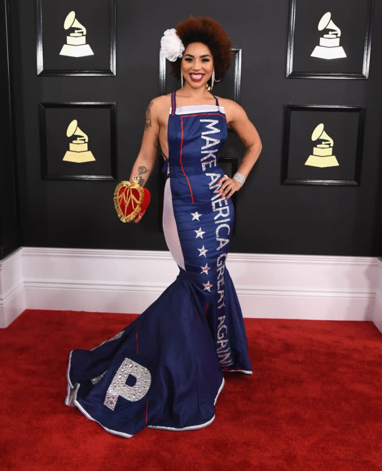 The singer who wore a MAGA-themed dress to the Grammy&#39;s is getting patriotic again. (Photo: Getty Images)
