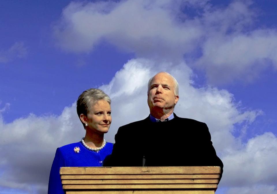 McCain announced that he was suspending his bid for the GOP presidential nomination on March 9, 2000, in Sedona, Ariz., as his wife, Cindy, looks on. “I’m older than dirt, more scars than Frankenstein, but I learned a few things along the way,” McCain has said. (Photo: Matt York/AP)