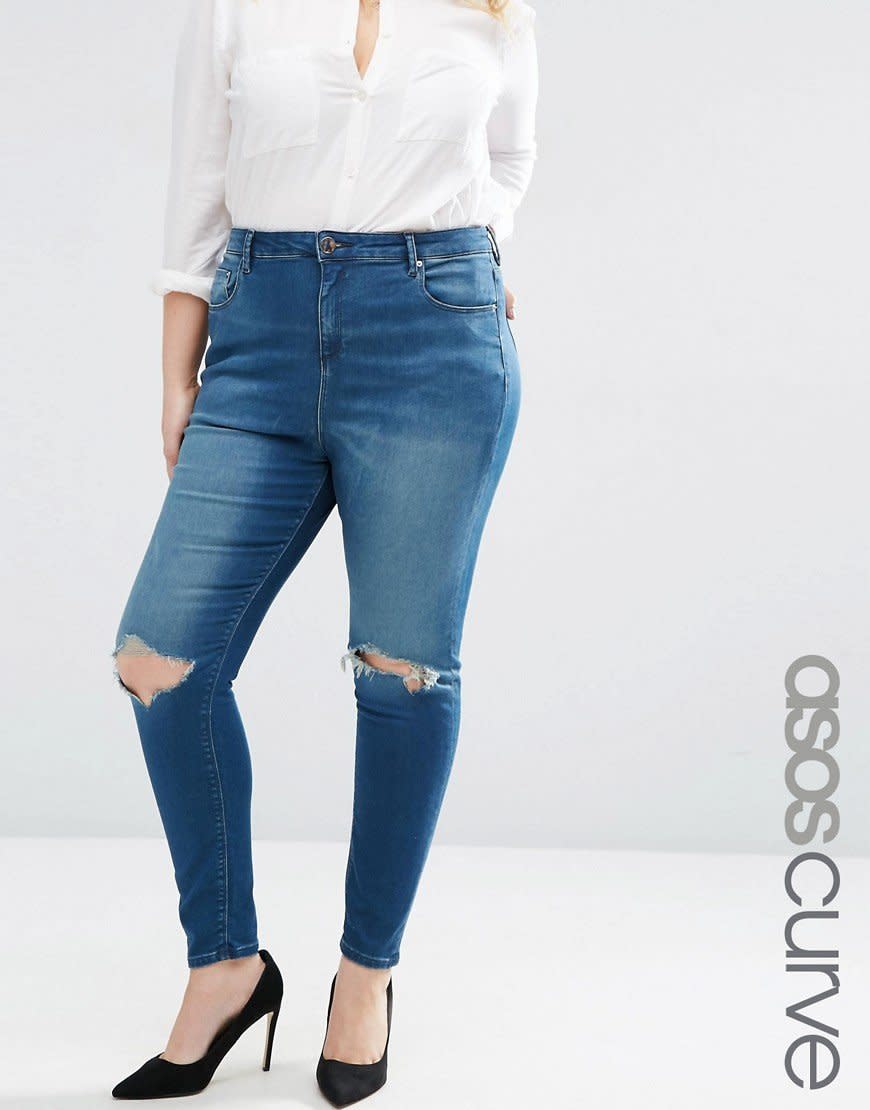 <a href="http://us.asos.com/ASOS-CURVE-High-Waist-Ridley-Skinny-Jeans-In-Mahogony-Dark-Wash-With-Rip/1bksuf/?iid=6447324&amp;clr=Blue&amp;cid=9577&amp;pgesize=36&amp;pge=0&amp;totalstyles=1595&amp;gridsize=3&amp;gridrow=10&amp;gridcolumn=2&amp;mporgp=L2Fzb3MtY3VydmUvYXNvcy1jdXJ2ZS1oaWdoLXdhaXN0LXJpZGxleS1za2lubnktamVhbnMtaW4tbWFob2dvbnktZGFyay13YXNoLXdpdGgtcmlwL3Byb2Qv" target="_blank">Asos</a> Curve High Rise Ridley Skinny Jeans, $49