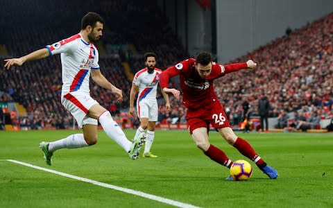 Soccer Football - Premier League - Liverpool v Crystal Palace - Anfield, Liverpool, Britain - January 19, 2019 Liverpool's Andrew Robertson in action with Crystal Palace's Luka Milivojevic Action Images via Reuters/Jason Cairnduff EDITORIAL USE ONLY. No use with unauthorized audio, video, data, fixture lists, club/league logos or "live" services. Online in-match use limited to 75 images, no video emulation. No use in betting, games or single club/league/player publications. Please contact your account representative for further details - Credit: &nbsp;Action Images