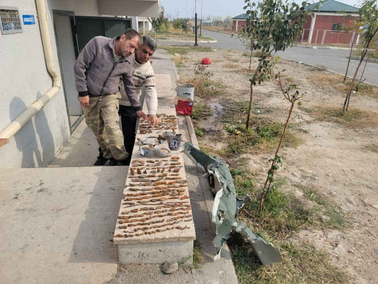 Wafadar Aliyev and Aydin Shahverdiyev, two refugees from the now Armenian-controlled district of Agdere — which Armenians call Martakert —, collect pieces of shrapnel from a barrage on their settlement near the city of Terter, Azerbaijan.