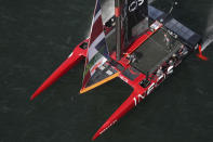 Britain's SailGP team helmed by Ben Ainslie sails during a race of the Sydney SailGP, on Sydney Harbour, Friday, Feb. 28, 2020. (David Gray/SailGP via AP)