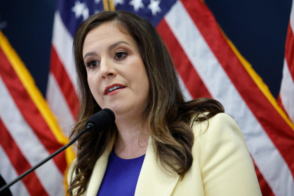 File: Rep. Elise Stefanik (R-NY) speaks at a press conference following a House Republican caucus meeting at the U.S. Capitol on May 16, 2023. / Credit: Kevin Dietsch/Getty Images